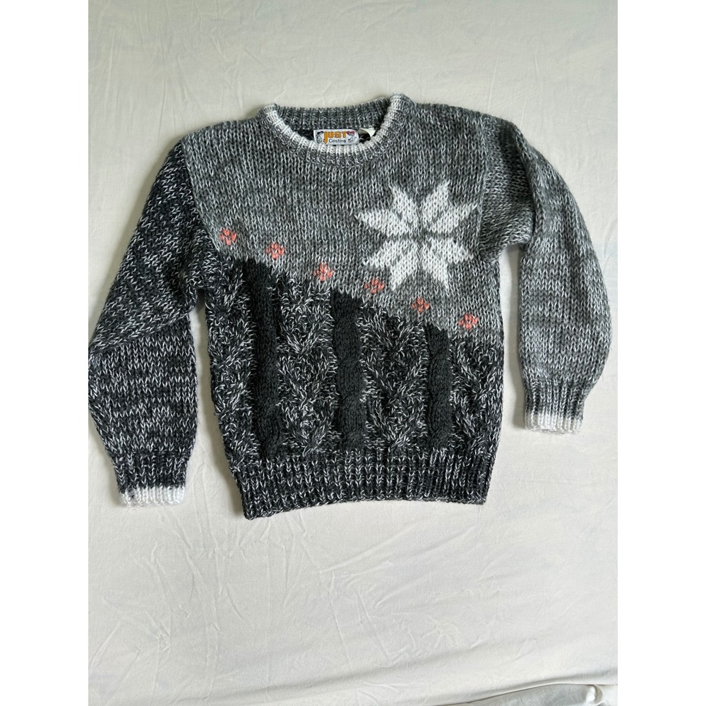 Just Cristina Vintage Grey Marl Snowflake Cable Knit Sweater Pink Floral Accents